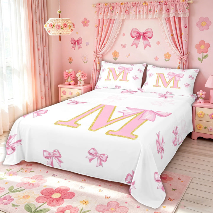 Meiyoeat Cute Sequin Print Princess Bow Full Size Sheets for Women Girls, Initial M Letter Bed Sheets, Pink, 4 Pieces