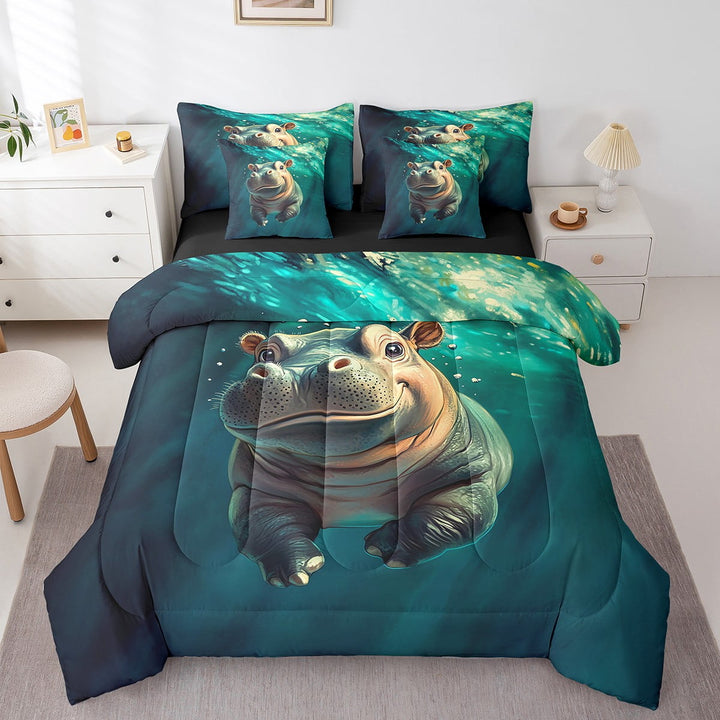 Erosebridal Cute Hippo Comforter Set Twin 7 Pcs Kawaii Ocean Animal Ocean Marine Sea Creatures Theme Bedding Set Underwater World Bed in a Bag with Comforter,Sheets