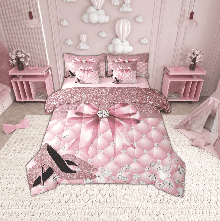 Erosebridal Pink Bowknot High Heels Bedding Sets Twin Size,Dreamy Princess Comforter Sets with Sheets,Breathable Reversible Bed in a Bag Twin size,Bling Room Decorative,7pcs