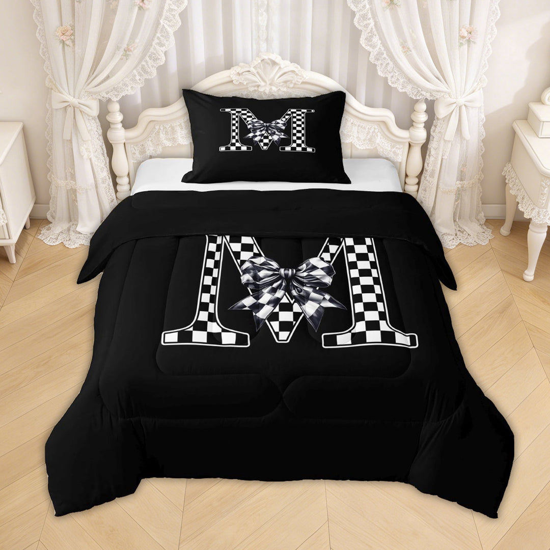 Erosebridal Checkered Bow Letter M Twin Comforter Sets for Girls, Black White Ribbon Bedding Set, Black Reversible, 2 Pieces