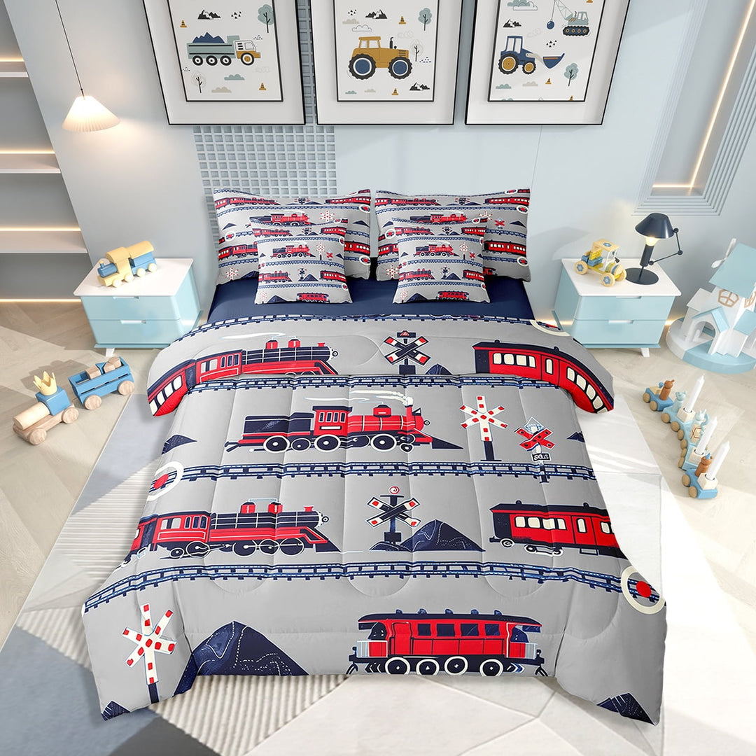 7Pcs Red Train Bedding Set Twin Size Cartoon Car Comforter, Vintage Style Steam Engine Bedding Comforter Sets(1 Comforter, 1 Flat Sheet 1 Fitted Sheet 2 Pillowcases 2 Throw Pillow Covers)