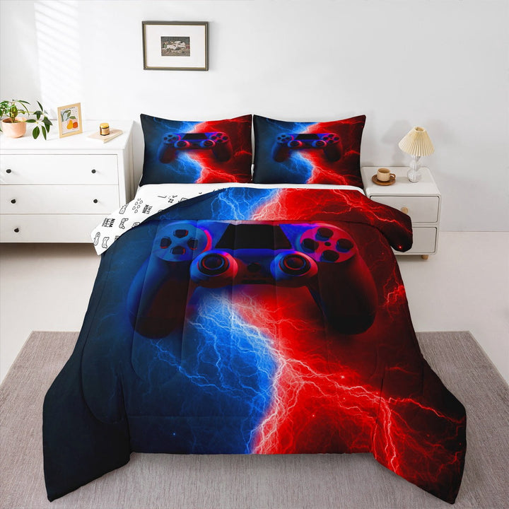 Gamer Gaming Duvet Insert Queen Size,Lightnings Gamepad Comforter Set,Video Games Down Comforter Teens Man,Modern Gamer room Decor 3 Pcs Bedding Set With 2 Pillowcases,Red Blue