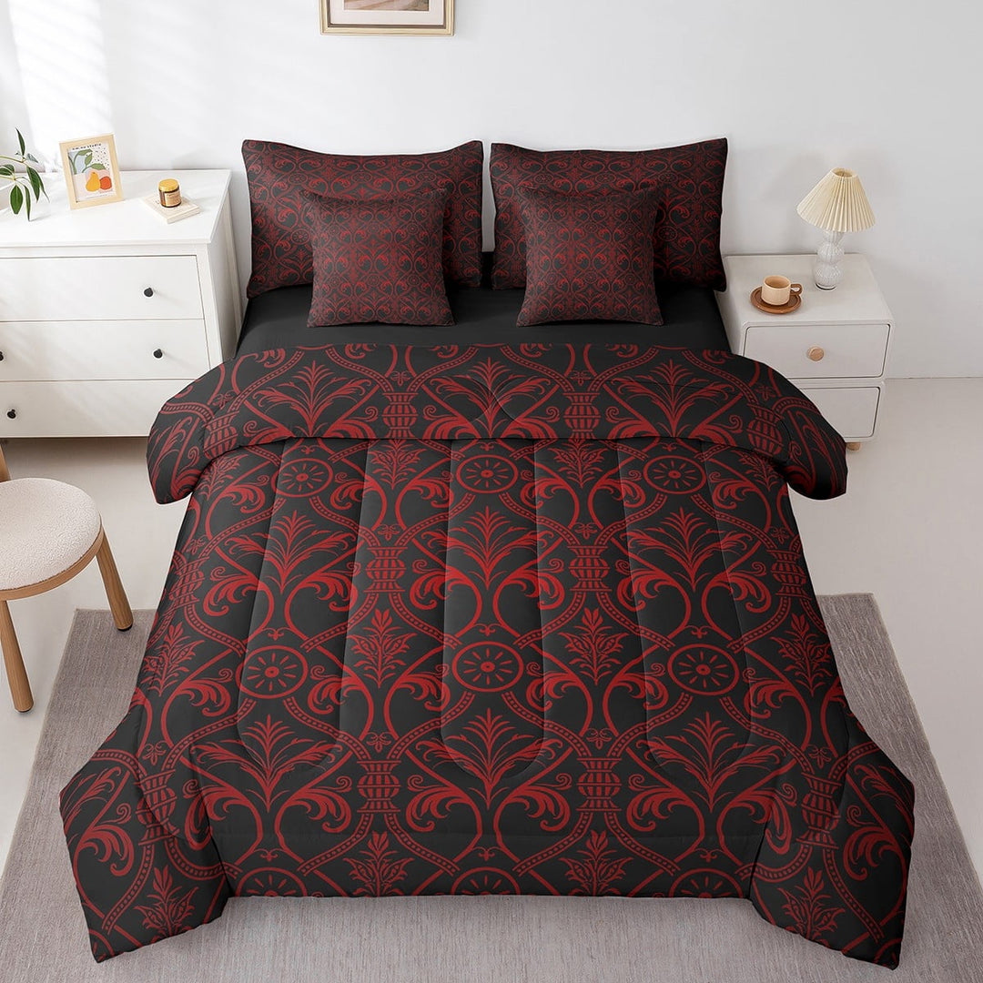 Erosebridal Red Black Ombre Gothic Bedding Set Queen 7 Piece Vintage Goth Floral Damask Comforter Set Antique Victorian Baroque Bed In A Bag With Sheets Bohemian Exotic Reversible Bed Set