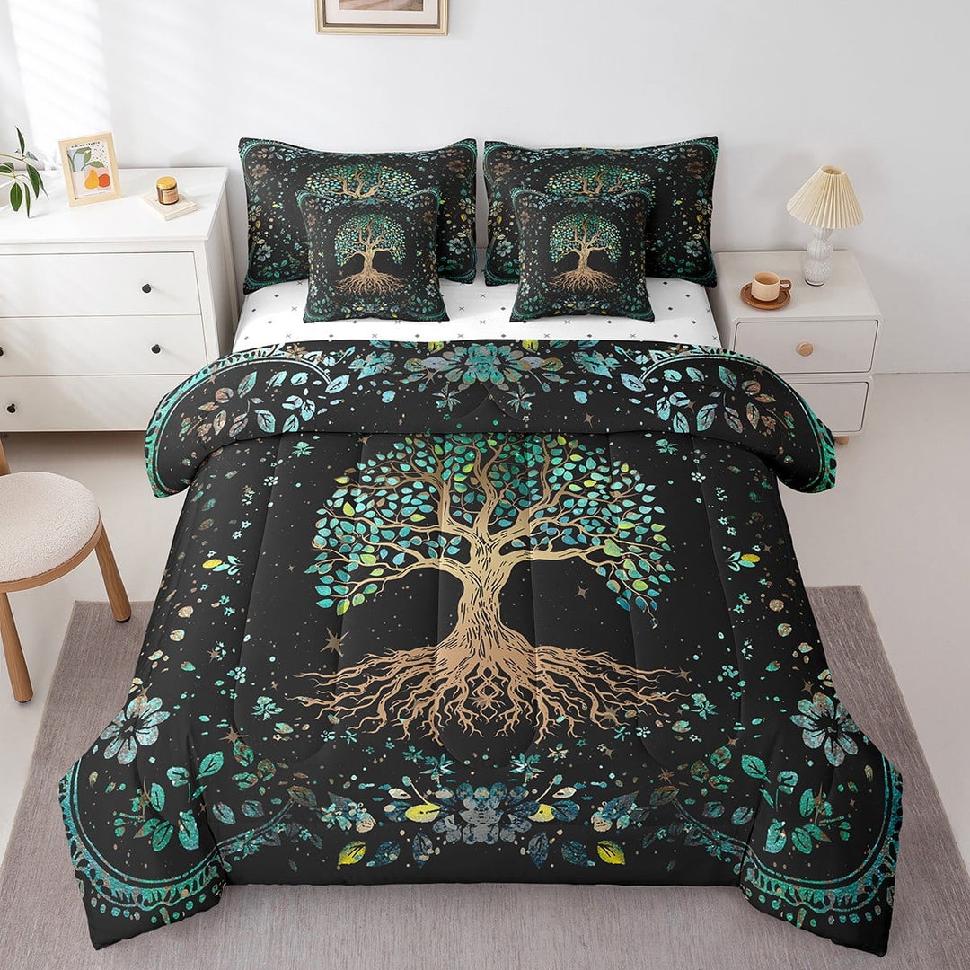 Tree of Life Bed in a Bag King Size Comforter Set 7 Pieces,Botanical Bedding Sets Plant Leaves Sheet Set with Comforter Boho Floral Bohemian Decor,Turquoise