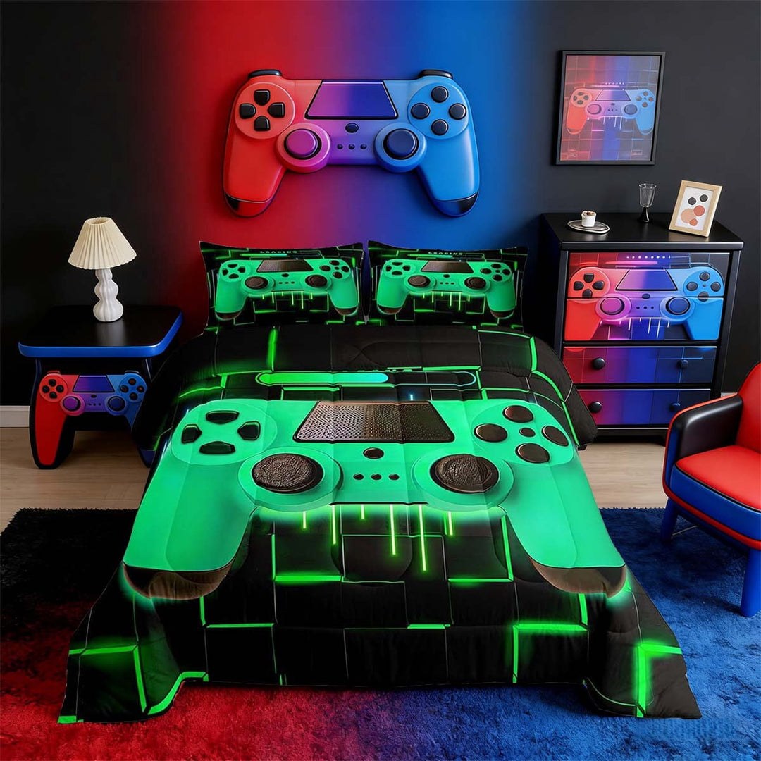 Green Gaming Full Size Comforter Sets - Gamer Comforter Full Size Bedding Set, Neon Lights Abstract Geometry Design Gamer Room Decor