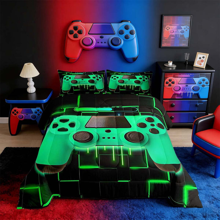 Green Gaming Full Size Comforter Sets - Gamer Comforter Full Size Bedding Set, Neon Lights Abstract Geometry Design Gamer Room Decor