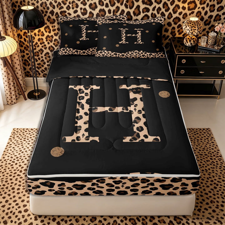 Meiyoeat Trendy Leopard Letter H Zipper Full Size Comforter Sets with Fitted Sheet and 2 Pillowcases for Women Kids, Chic Polka Dot Zipper Bedding Set for Nursery,4pcs,Black Reversible