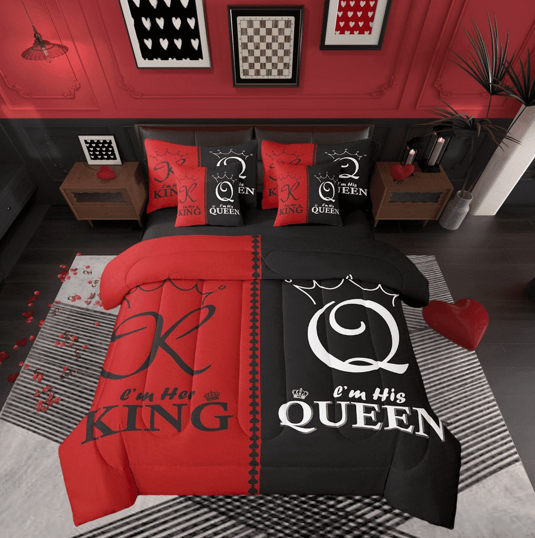 King And Queen Couple Queen Comforter Set 7 Piece For Men Women,Red Black White Crown Bedding Set Mr Mrs His Her Bed In A Bag Romantic Valentine&