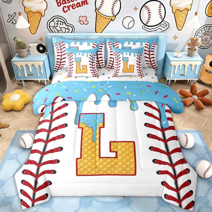 Erosebridal Blue Ice Cream Drip Twin Bedding Sets for Kid, Baseball Monogrammed L Bedding Comforter Set, 7 Pieces