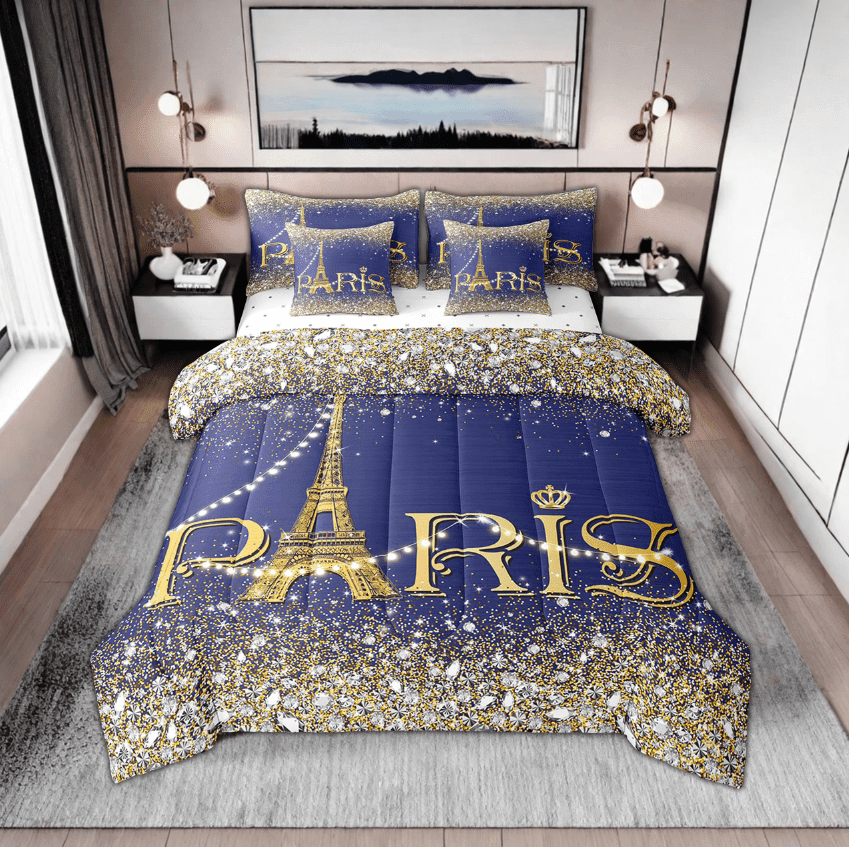 Teal Paris Comforter Sets Full for Women 7 Pcs,Girly Glitter Eiffel Tower Bed in A Bag for Valentine&