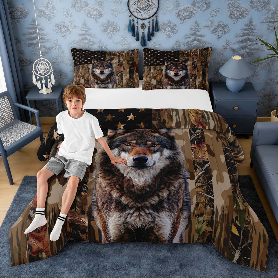 Erosebridal Camo US Flag Wolf Print Queen Comforter Set, Patriotic Wildlife Bedding Comforter Set for Men and Women, Black Reversible 3-Piece, 1 Comforter and 2 Pillowcases