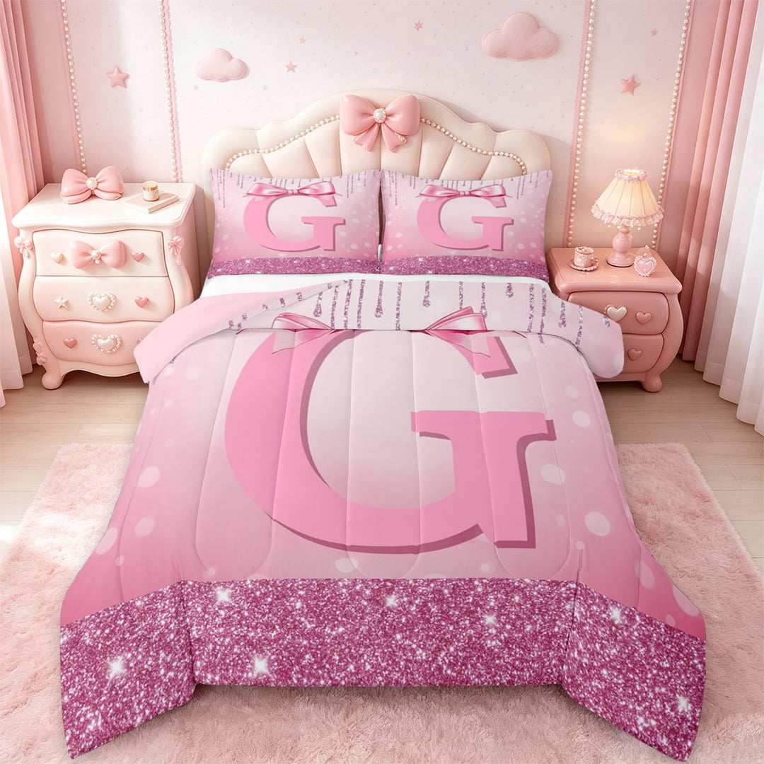 jejeloiu Personalized Gifts Bow Queen Comforter Set,Letter G Bedding Sets,Pink Bling Print Bedding Comforter Set For Children,Lightweight Room Decoration Reversible,3 Pieces