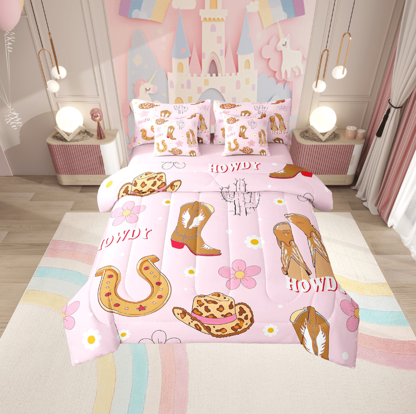 Erosebridal Western Cowgirl Bedding Sets Twin Size,Horseshoe Boots Comforter Sets with Sheets,Kawaii Flower Bed in a Bag Twin size,Breathable Floral Room Decoration,Reversible,7pcs