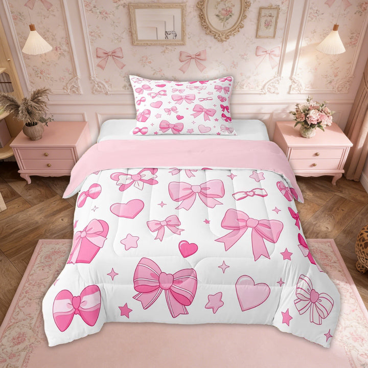 Erosebridal Girls Cute Pink Bow Twin Comforter Sets, Princess Cartoon Bedding Set, Pink, 2-Piece