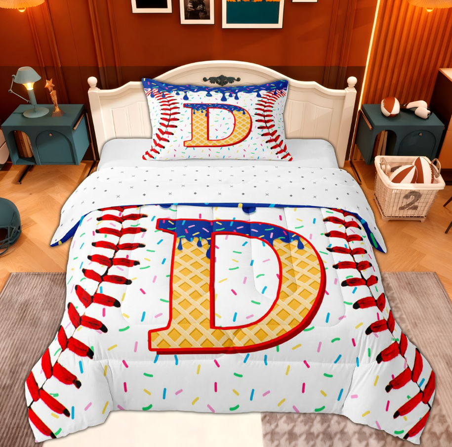 Erosebridal Initial Letter D Twin Comforter Sets for Boy, Cute Ball Print Bedding Set, 2pcs