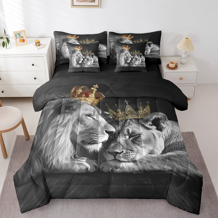 YST Safari Lion King Comforter Set 7-Piece,Golden Crown Bedding Set,King and Queen Bed in a Bag,Jungle Wild Animal Sheet Set with Comforter,Couple Room Decor Valentine&