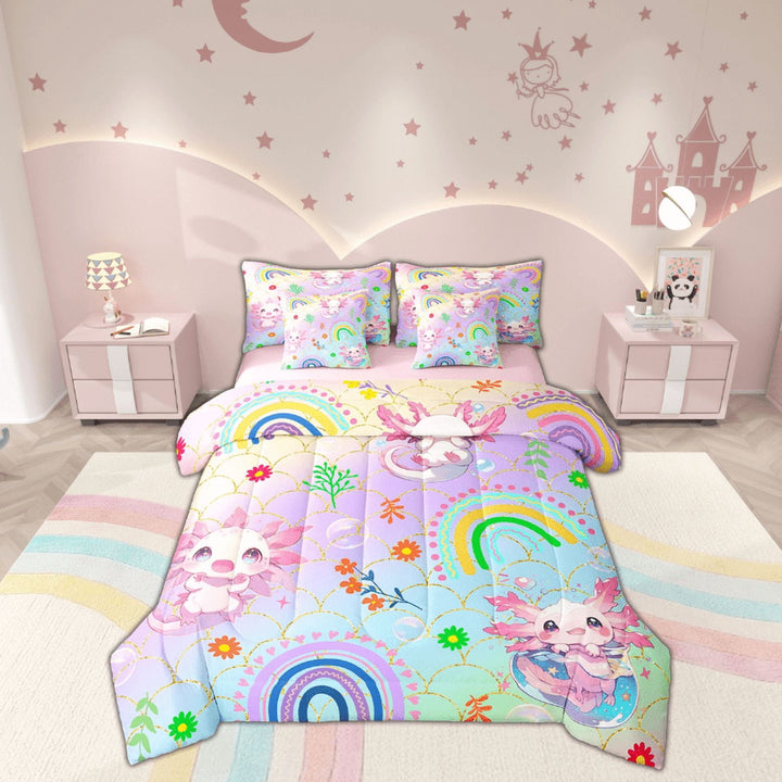 Erosebridal Pink Axolotl Bedding Twin Size, Kawaii Sealife Bed Set, Mermaid Scales Reversible Bedding Sets Twin Size, Ultra Soft Bedroom Decorative, 7pcs