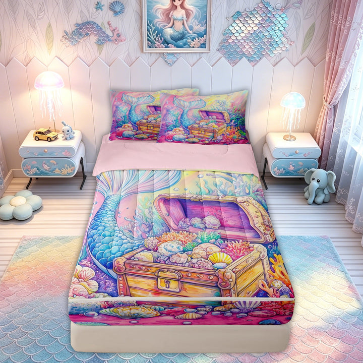 meiyoeat Rainbow Mermaid Treasure Zipper Comforter Set with Fitted Sheet and 2 Pillowcases for Kids Boys Girls, Ocean Princess Zipper Bedding Set, Pink Blue, Pink Reversible, 3 Pieces