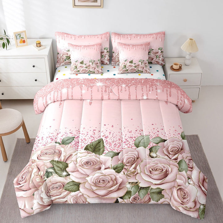 Pink Rose Bed in a Bag King Size Comforter Set 7 Pieces,Diamond Crystal Fluid Art Bedding Set Abstract Ombre Sheet Set with Comforter Romantic Garden Flowers Bed Set,Boho Floral Bohemian Decor