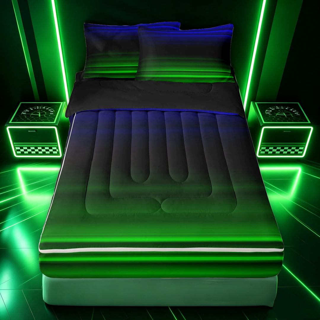 Erosebridal Modern Glow Abstract Zipper Full Size Comforter Sets with Fitted Sheet and 2 Pillowcases for Boys Men, Green Blue Streak Print Zipper Bedding Set, Black Reversible, 4-Piece