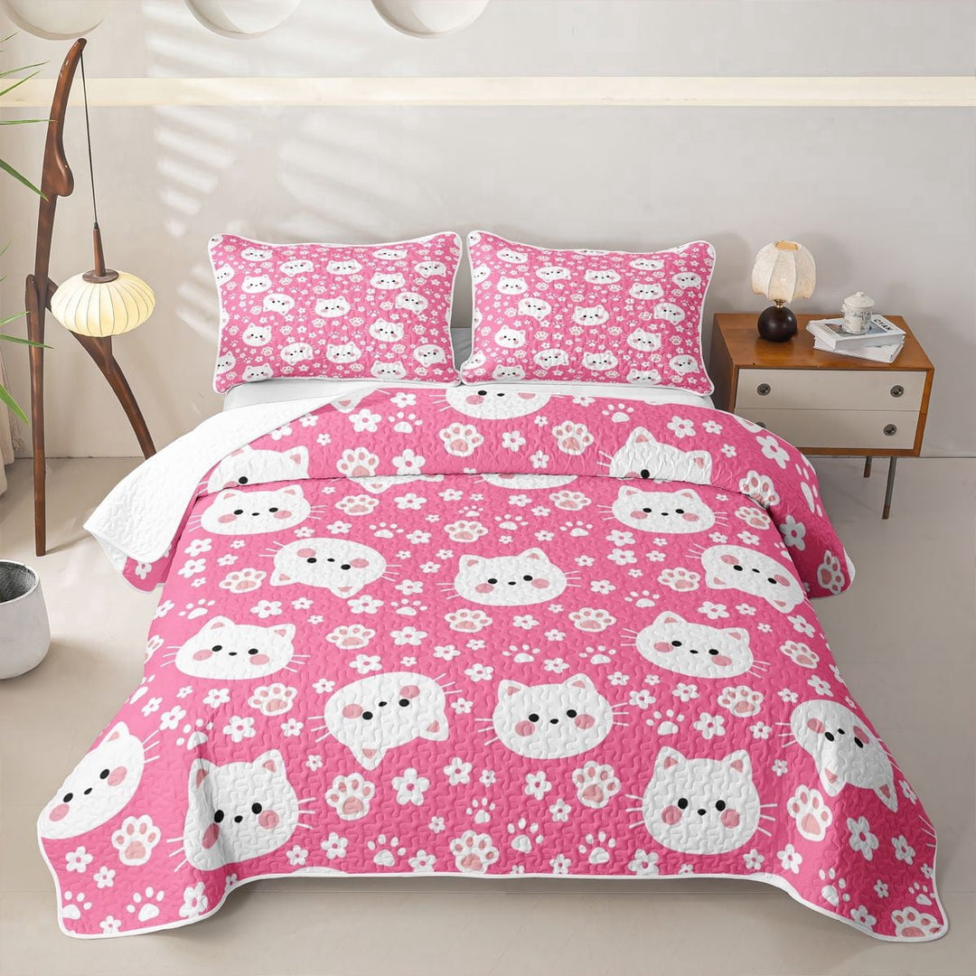 Homewish Lovely Cat Animal Twin Quilt Set,Kawaii Pet Paws Twin Coverlet Set,White Pink,2 Pieces