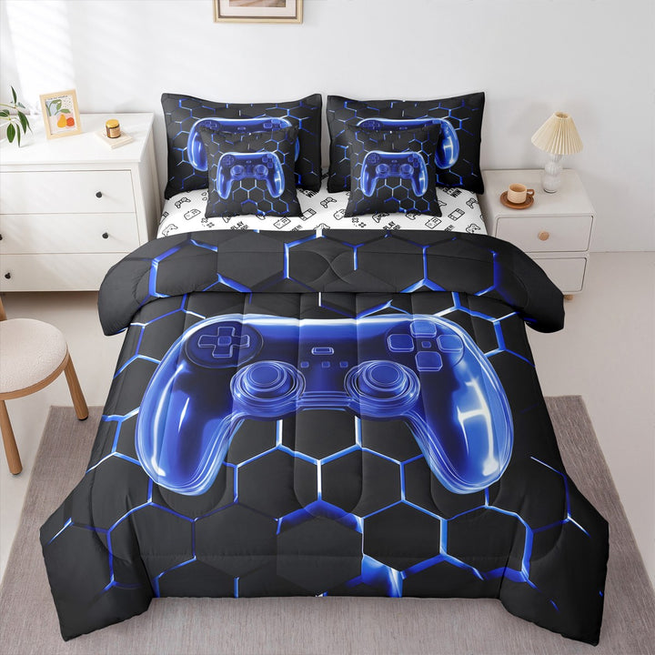 Erosebridal Chic Gamepad Bedding Sets Twin Size, Gaming Controller Comforter Sets with Sheets, Navy Blue, Reversible 7 Pieces