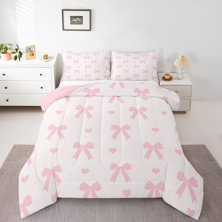 Pink Bowknot Comforter Set Twin Size,Princess Style Bow Dreamy Bow-tie Bedding Set Teens,Cute Love Hearts Romantic Valentine&