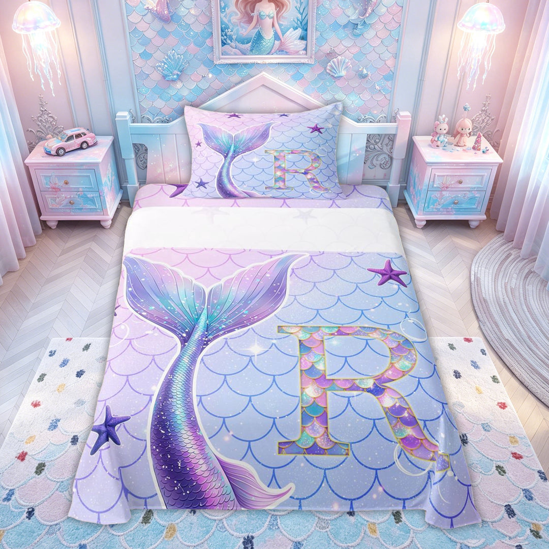 meiyoeat Mermaid Princess Scale Bed Sheets for Girls, Sparkle Initial R Full Size Sheets for Kids, Purple Blue, 4-Piece, 1 Flat Sheet, 1 Fitted Sheet and 2 Pillowcases