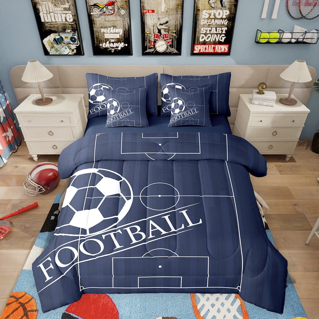 Football Bed in a Bag 7-Piece Sports Theme Twin Comforter Set, Ball Gamer Bedding Comforter Sets Navy Blue Reversible Bedding Set, Football Field Bed Sheets Set
