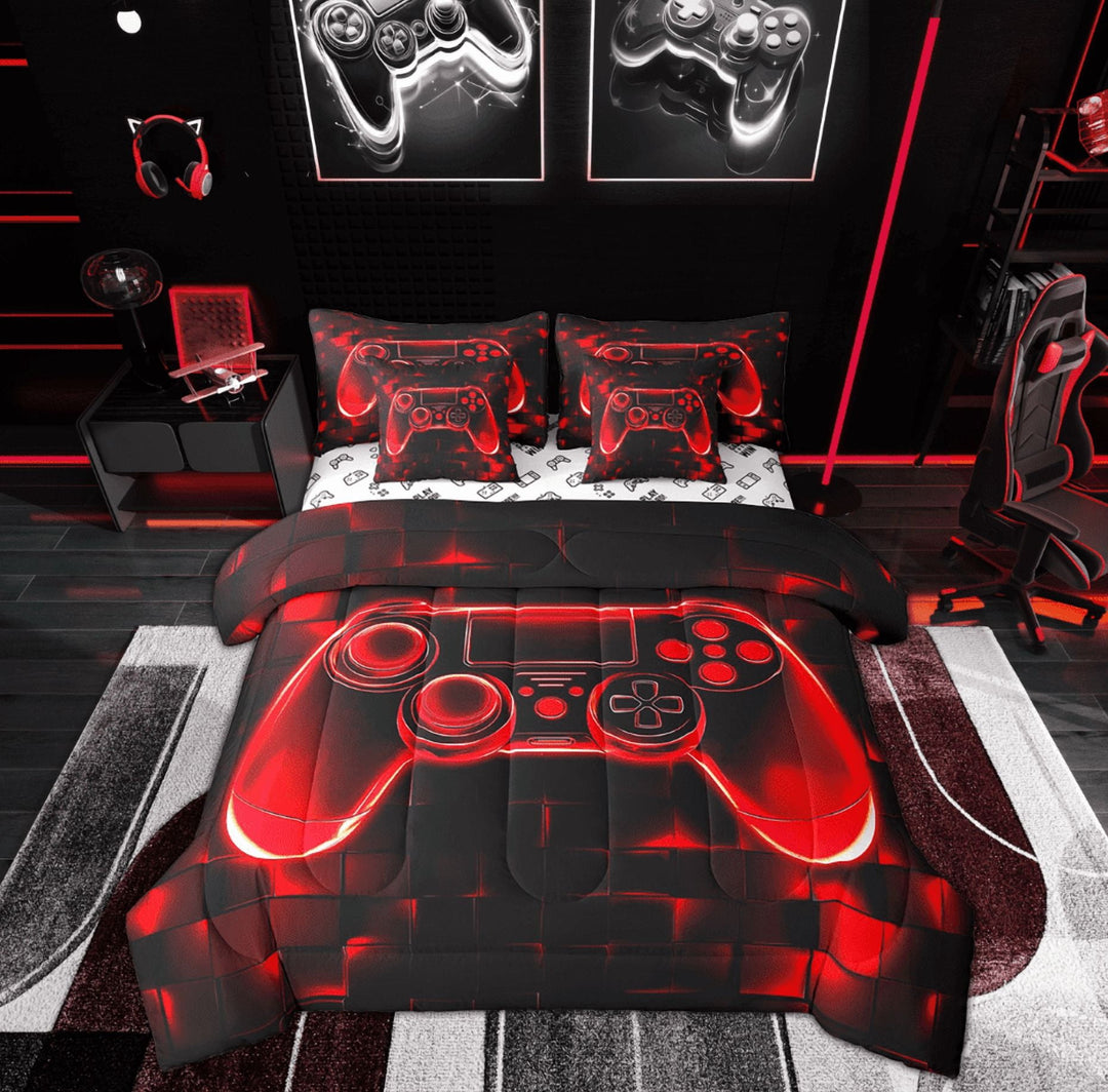 Manfei Red Game Console Bedding Sets Full Size, Neon Geometric Bed in a Bag Full size, Teens Gaming Reversible Comforter Sets with Sheets, Microfiber Bedroom Decoration, 7pcs