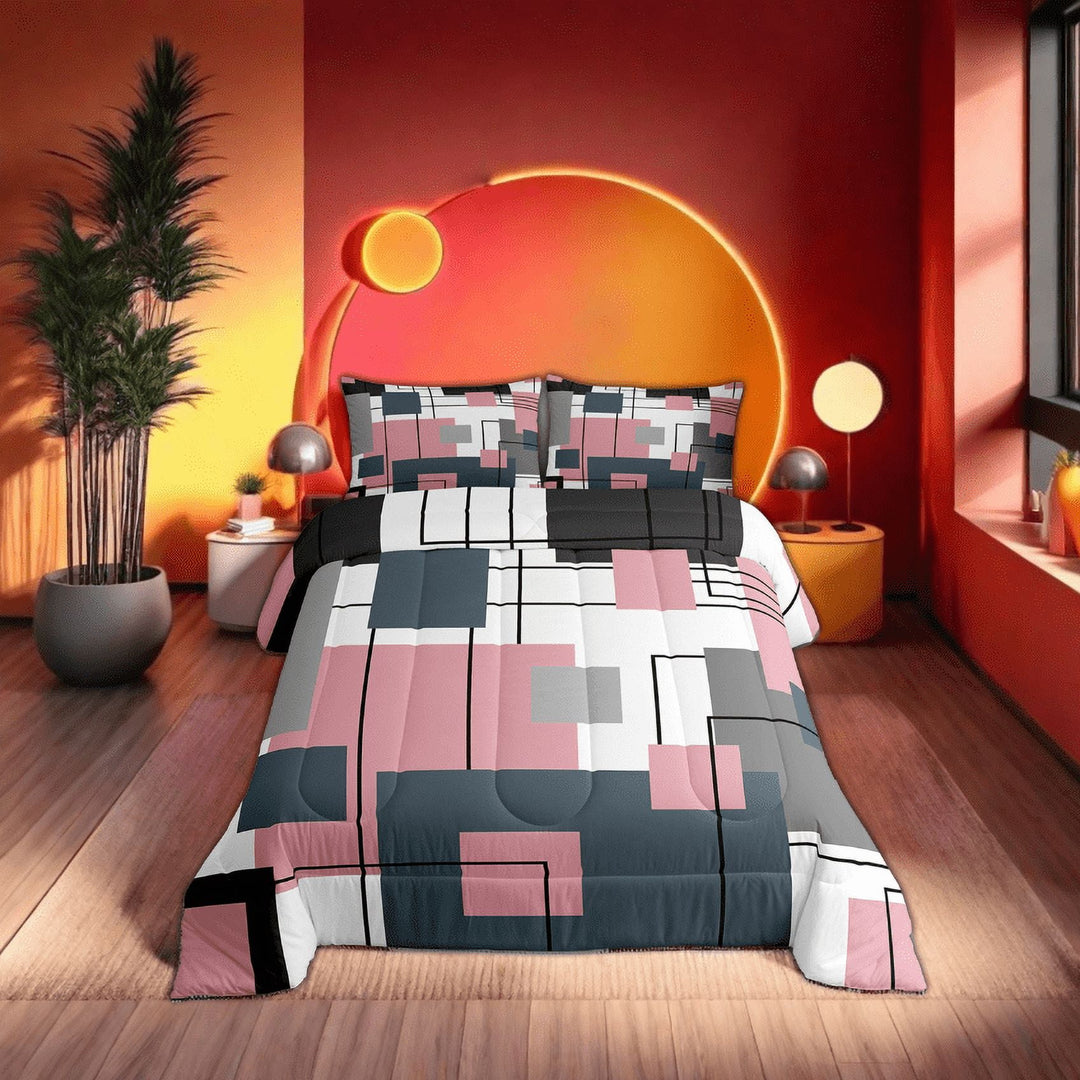 Erosebridal Black White Grey Pink Twin Bedding Set Geometric Square Comforter Set Teen Women Bluish Gray Geometry Grid Down Comforter Modern Abstract Lines Quilt Duvet 1 Pillow Case