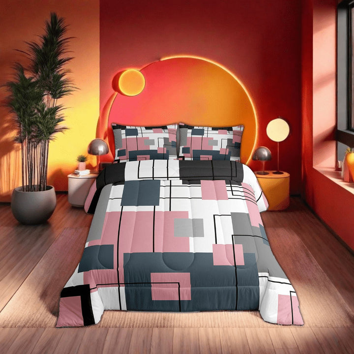 Erosebridal Black White Grey Pink Twin Bedding Set Geometric Square Comforter Set Teen Women Bluish Gray Geometry Grid Down Comforter Modern Abstract Lines Quilt Duvet 1 Pillow Case