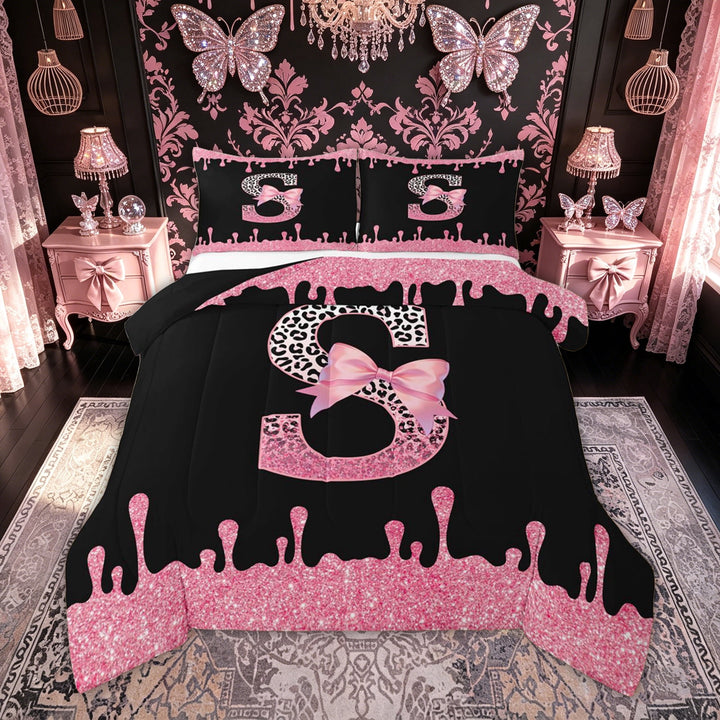 meiyoeat Leopard Print Letter S Full Size Comforter Sets for Girls Kids, Bow Initial Bedding Comforter Set for Bedroom, Pink, Black Reversible, 3pcs, 1 Comforter and 2 Pillowcases