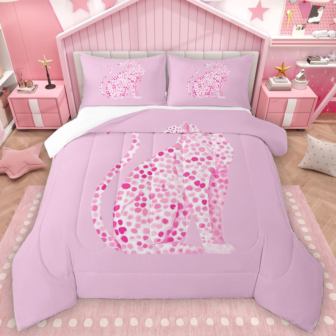 Manfei Kawaii Leopard Cheetah Full Size Comforter Sets for Kids, Cute Cartoon Animal Bedding Comforter Set, Girly Pink Polkadots Bedding Sets, Lightweight Room Decor, 3 Pieces