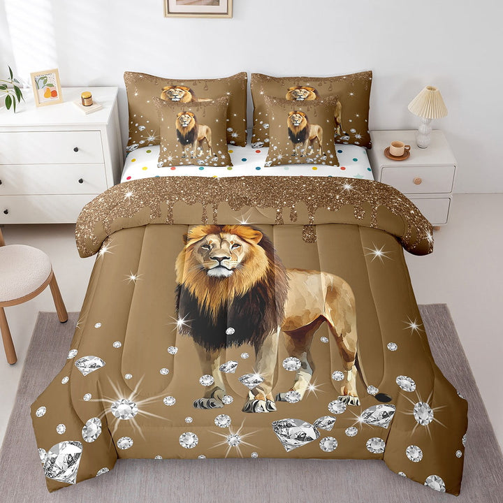 Erosebridal Wildlife Lion Bedding Sets Twin Size, Jungle Anmial Comforter Sets with Sheets, Gold Sequin print Decor, Reversible