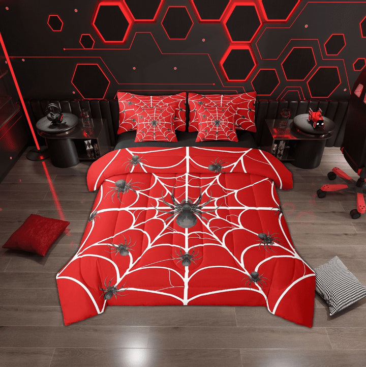 Erosebridal Boho Black Spider Bed in a Bag Twin Size, White Spider Web Bed Set, Red Halloween Bedroom Decor, Reversible 7 Pieces