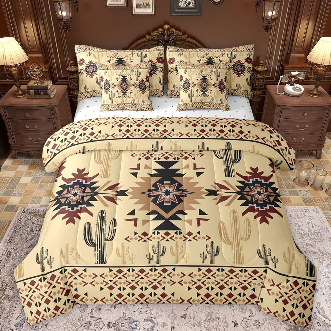 Manfei Wheat Triangle Aztec Twin Bedding Sets 7-Piece for Kids, Cartoon Cactus Plant Bedding Comforter Set, Vintage Western Bohemian Reversible Sheet Sets, Super Cozy Room Decor