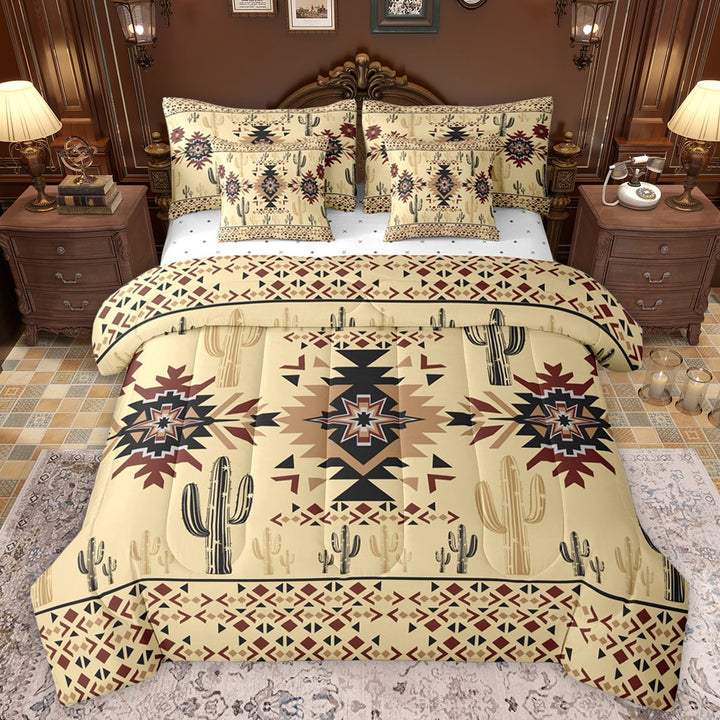 Manfei Wheat Triangle Aztec Twin Bedding Sets 7-Piece for Kids, Cartoon Cactus Plant Bedding Comforter Set, Vintage Western Bohemian Reversible Sheet Sets, Super Cozy Room Decor