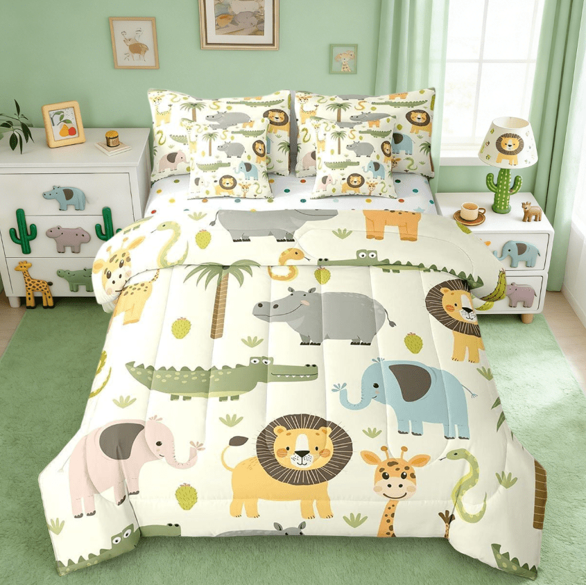 Manfei Nature Wildlife Zoo Animal Theme 7 Pieces Bedding Comforter Set,Cartoon Lion Giraffe Crocodile Full Bedding Set Reversible