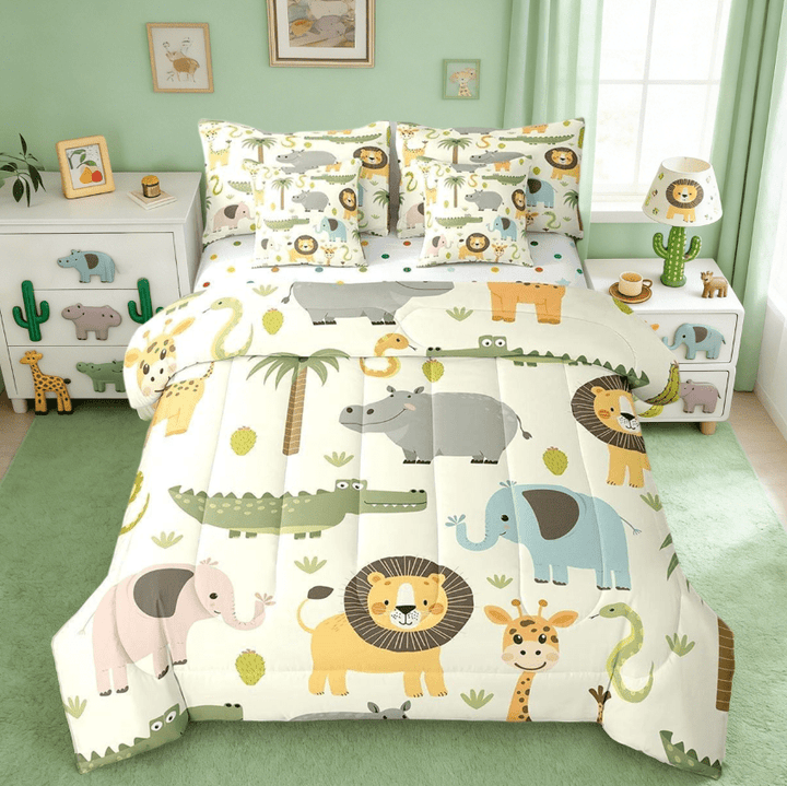 Manfei Nature Wildlife Zoo Animal Theme 7 Pieces Bedding Comforter Set,Cartoon Lion Giraffe Crocodile Full Bedding Set Reversible