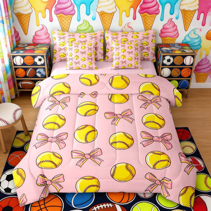 Erosebridal Pink Bow Softball Twin Bedding Sets, Cute Sport Bedding Comforter Set for Girls and Boys, Pink Reversible 7-Piece