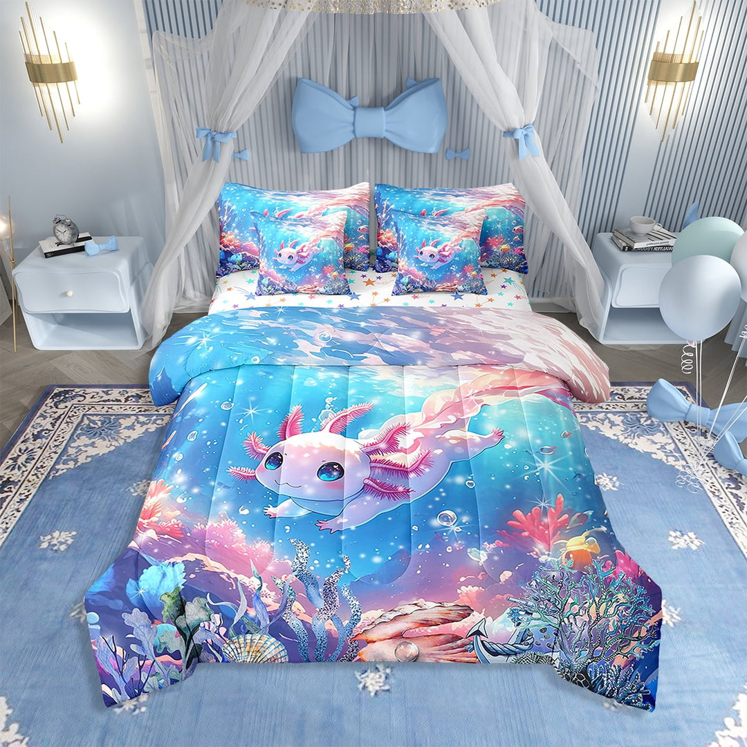 Erosebridal Cute Axolotl Comforter Set Twin Size 7 Pieces Comforters Pink and Blue Axolotl Bedding Set Cute Ocean Animal Bed Set Bed in a Bag with Comforter, Sheets, Pillowcases &amp; Cushion Covers