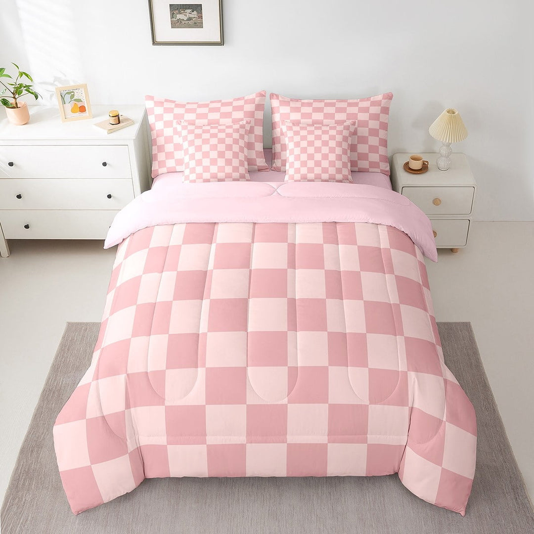 Erosebridal Plaid Buffalo Bed in a Bag Full size, Pink Checkered Bed Set, Rectangle Room Decor, Reversible 7-Piece