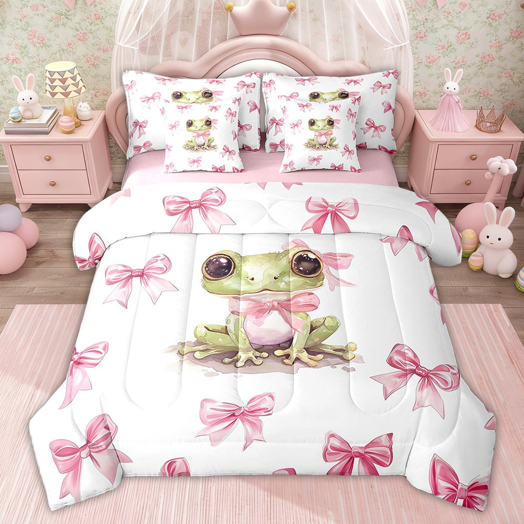 Erosebridal Girls Bowknot Cow Bedding Sets Twin with Comforter, Prince Frog Bedding Sets,, Pink Reversible 7-Piece