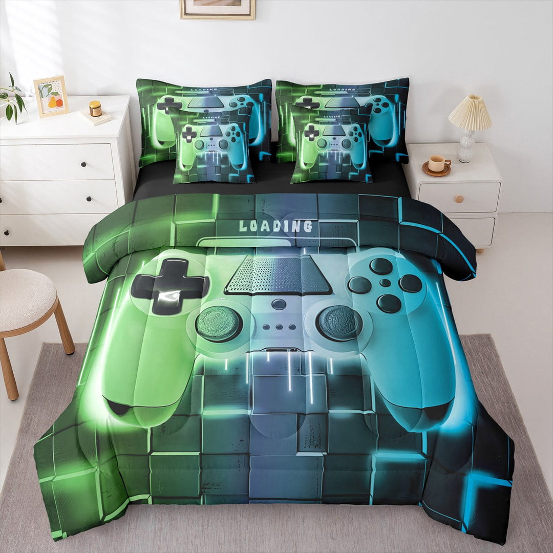 Green Teal Gaming Comforter Set 7 Piece Bed in a Bag Twin,Gamer Bedding Sets Neon Lights Abstract Geometry Sheet Set with Comforter Gamer Room Decor