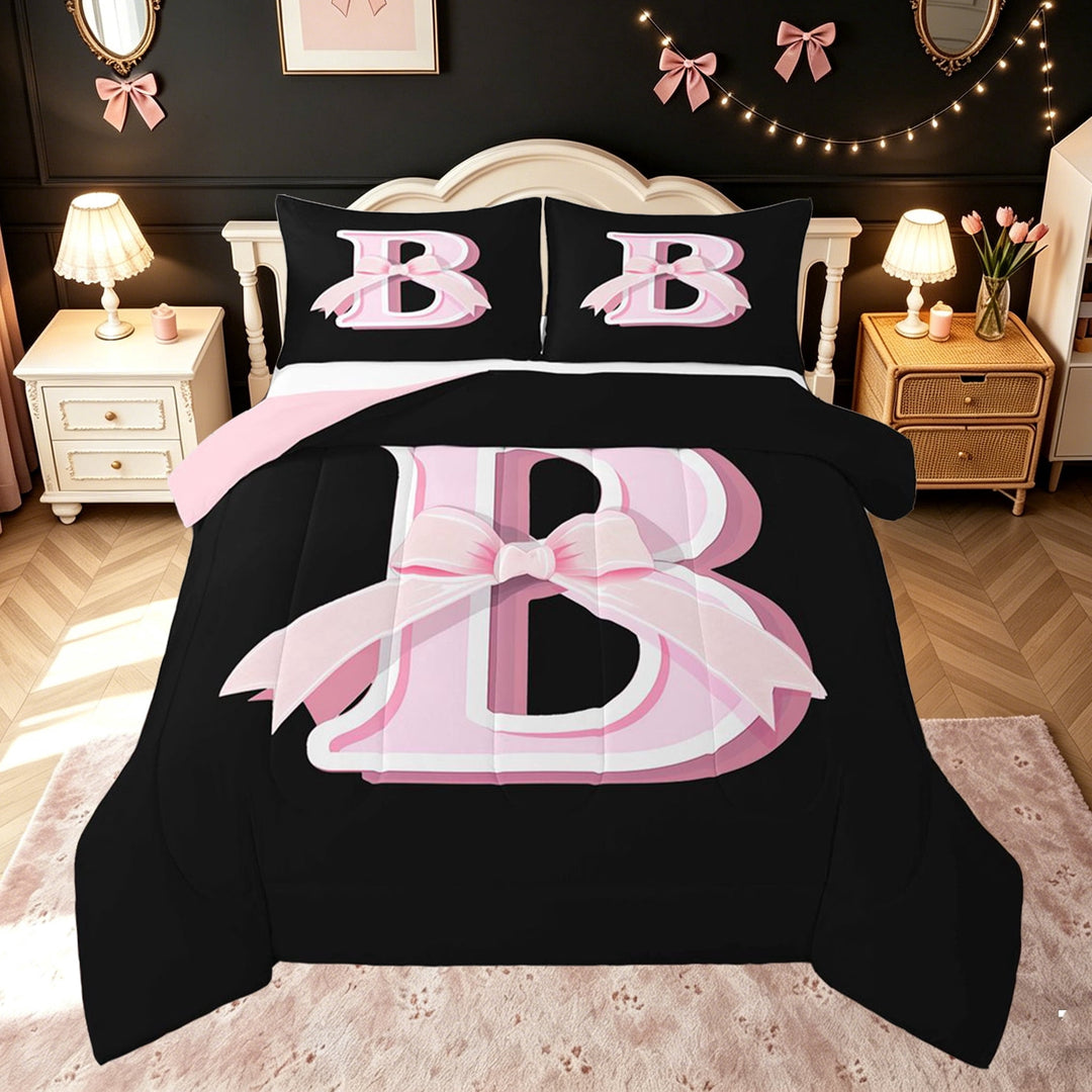 meiyoeat Princess Letter B Print Full Size Comforter Sets for Kids Girls, Girly Bow Monogram Bedding Comforter Set, Black Pink, Pink Reversible, 3-Piece