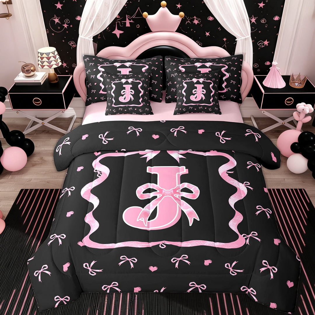 Erosebridal Girls Bow J Letter Twin Bedding Sets 7-Piece, Watercolor Love Heart Bedding Comforter Set