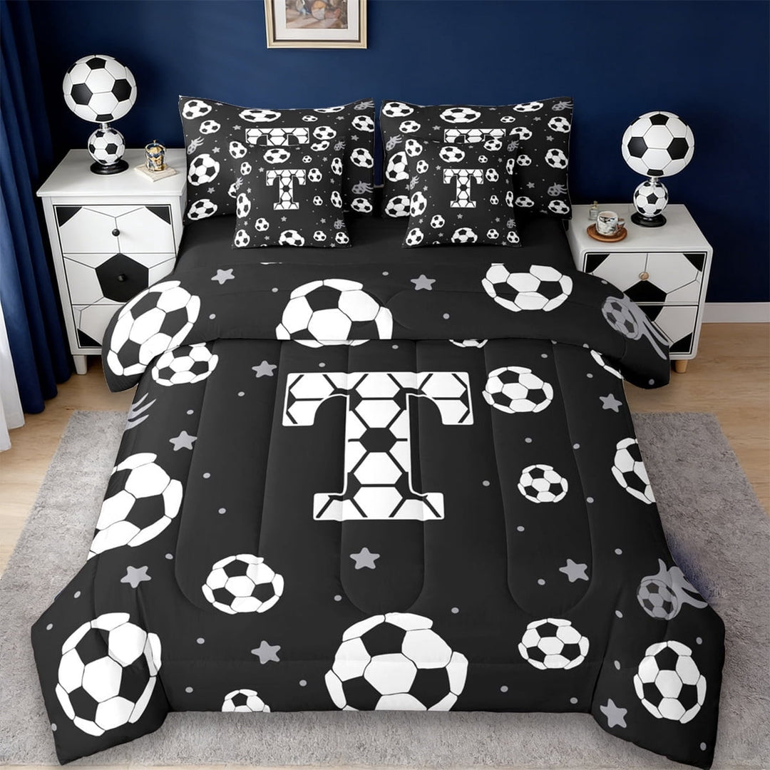 Erosebridal Cartoon Football Print 7-Piece Twin Bedding Sets,Black White T Alphabet Bedding Comforter Set For Soccer Lovers,Reversible Black