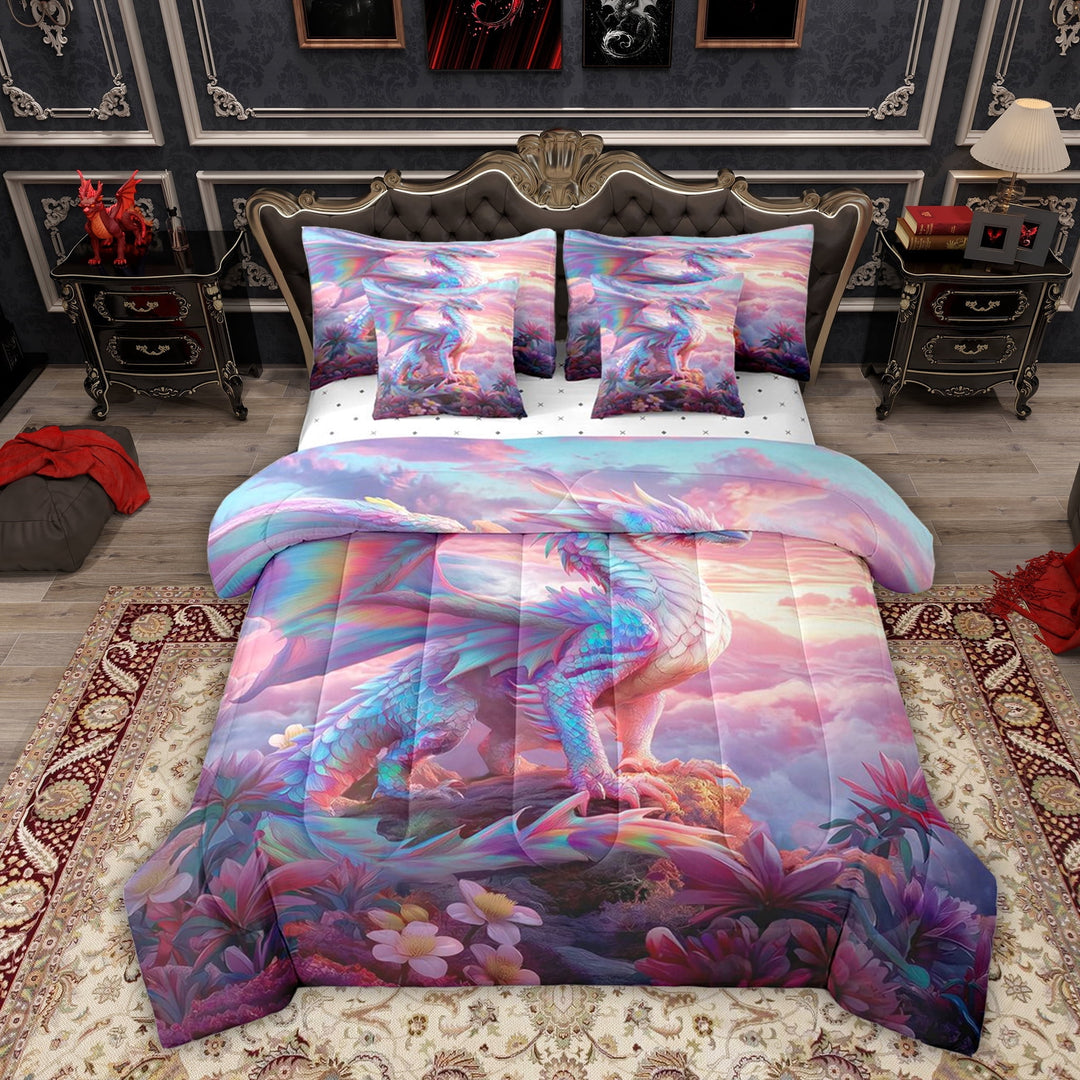 Erosebridal Pink Western Dragon Bedding Comforter Set 7 Pieces for Kid, Magical Animal Full Bedding Set