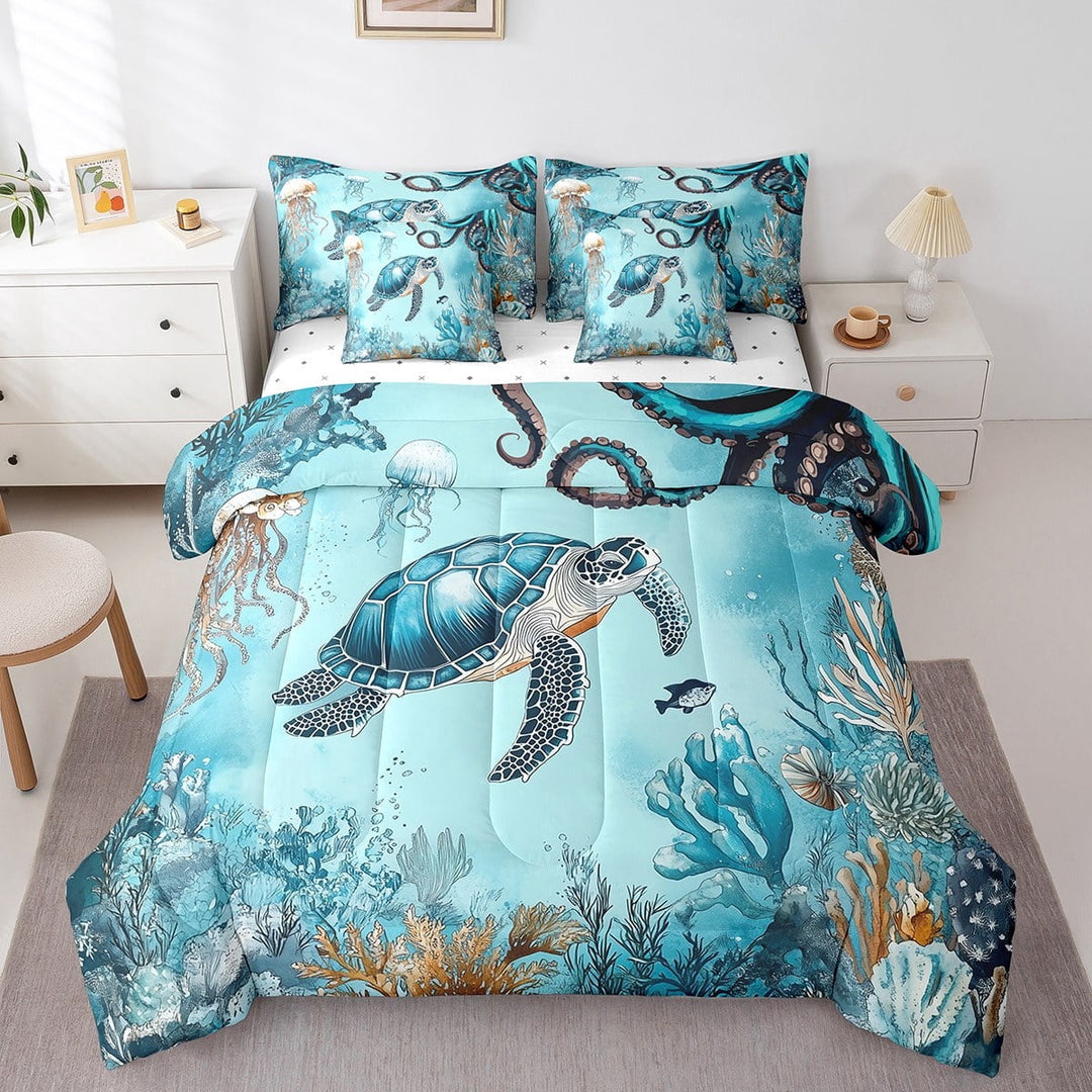 Erosebridal Cartoon Sea Turtle Bedding Sets Queen Size, Vintage Ocean Animal Comforter Sets with Sheets, Marine Theme Decor, Reversible